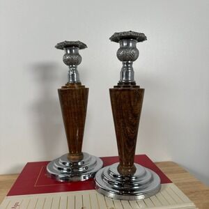 Rustic Brown Wood Silver Candlestick Holder Set Tapered Metal Weighted Pair